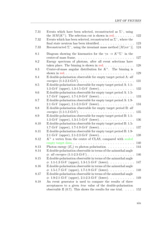 LIST OF FIGURES
7.31 Events which have been selected, reconstructed as Σ−
, using
the MM(K+
). The selection cut is shown in red. . . . . . . . . 122
7.32 Events which has been selected, reconstructed as Σ−
, where the
ﬁnal state neutron has been identiﬁed. . . . . . . . . . . . . . . 123
7.33 Reconstructed Σ−
, using the invariant mass method [M(nπ−
)]. 124
8.1 Diagram showing the kinematics for the γn → K+
Σ−
in the
centre-of mass frame. . . . . . . . . . . . . . . . . . . . . . . . 127
8.2 Energy spectrum of photons, after all event selections have
taken place. The binning is shown in red. . . . . . . . . . . . . 128
8.3 Centre-of-mass angular distribution for K+
. The binning is
shown in red. . . . . . . . . . . . . . . . . . . . . . . . . . . . . 129
8.4 E double-polarisation observable for empty target period A: all
energies (1.1-2.3 GeV ). . . . . . . . . . . . . . . . . . . . . . . 131
8.5 E double-polarisation observable for empty target period A: 1.1-
1.3 GeV (upper), 1.3-1.5 GeV (lower). . . . . . . . . . . . . . . 132
8.6 E double-polarisation observable for empty target period A: 1.5-
1.7 GeV (upper), 1.7-1.9 GeV (lower). . . . . . . . . . . . . . . 133
8.7 E double-polarisation observable for empty target period A: 1.9-
2.1 GeV (upper), 2.1-2.3 GeV (lower). . . . . . . . . . . . . . . 134
8.8 E double-polarisation observable for empty target period B: all
energies (1.1-1.3 GeV ). . . . . . . . . . . . . . . . . . . . . . . 135
8.9 E double-polarisation observable for empty target period B: 1.1-
1.3 GeV (upper), 1.3-1.5 GeV (lower). . . . . . . . . . . . . . . 136
8.10 E double-polarisation observable for empty target period B: 1.5-
1.7 GeV (upper), 1.7-1.9 GeV (lower). . . . . . . . . . . . . . . 137
8.11 E double-polarisation observable for empty target period B: 1.9-
2.1 GeV (upper), 2.1-2.3 GeV (lower). . . . . . . . . . . . . . . 138
8.12 K+
z vertex from the centre of CLAS, compared with scaled
empty target data. . . . . . . . . . . . . . . . . . . . . . . . . . 140
8.13 Photon energy (Eγ) vs photon polarisation. . . . . . . . . . . . 144
8.14 E double-polarisation observable in terms of the azimuthal angle
φ: all energies (1.1-2.3 GeV ). . . . . . . . . . . . . . . . . . . . 146
8.15 E double-polarisation observable in terms of the azimuthal angle
φ: 1.1-1.3 GeV (upper), 1.3-1.5 GeV (lower). . . . . . . . . . . 147
8.16 E double-polarisation observable in terms of the azimuthal angle
φ: 1.5-1.7 GeV (upper), 1.7-1.9 GeV (lower). . . . . . . . . . . 148
8.17 E double-polarisation observable in terms of the azimuthal angle
φ: 1.9-2.1 GeV (upper), 2.1-2.3 GeV (lower). . . . . . . . . . . 149
8.18 An event generator is used to compare the results of three
acceptances to a given true value of the double-polarisation
observable E (0.7). This shows the results for one trial. . . . . 152
xix
 