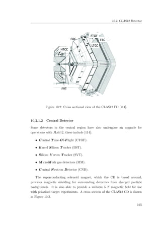10.2. CLAS12 Detector
Figure 10.2: Cross sectional view of the CLAS12 FD [114].
10.2.1.2 Central Detector
Some detectors in the central region have also undergone an upgrade for
operations with JLab12, these include [114]:
• Central Time-Of-Flight (CTOF).
• Barrel Silicon Tracker (BST).
• Silicon V ertex Tracker (SVT).
• M icroM esh gas detectors (MM).
• Central N eutron Detector (CND).
The superconducting solenoid magnet, which the CD is based around,
provides magnetic shielding for surrounding detectors from charged particle
backgrounds. It is also able to provide a uniform 5 T magnetic ﬁeld for use
with polarised target experiments. A cross seciton of the CLAS12 CD is shown
in Figure 10.3.
195
 