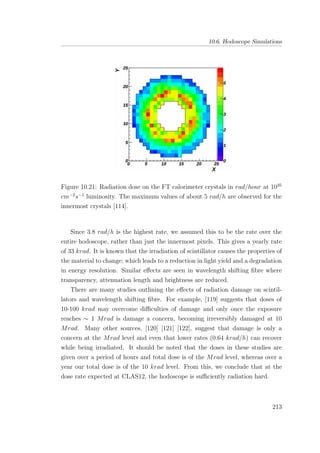 10.6. Hodoscope Simulations
Figure 10.21: Radiation dose on the FT calorimeter crystals in rad/hour at 1035
cm−2
s−1
luminosity. The maximum values of about 5 rad/h are observed for the
innermost crystals [114].
Since 3.8 rad/h is the highest rate, we assumed this to be the rate over the
entire hodoscope, rather than just the innermost pixels. This gives a yearly rate
of 33 krad. It is known that the irradiation of scintillator causes the properties of
the material to change; which leads to a reduction in light yield and a degradation
in energy resolution. Similar eﬀects are seen in wavelength shifting ﬁbre where
transparency, attenuation length and brightness are reduced.
There are many studies outlining the eﬀects of radiation damage on scintil-
lators and wavelength shifting ﬁbre. For example, [119] suggests that doses of
10-100 krad may overcome diﬃculties of damage and only once the exposure
reaches ∼ 1 Mrad is damage a concern, becoming irreversibly damaged at 10
Mrad. Many other sources, [120] [121] [122], suggest that damage is only a
concern at the Mrad level and even that lower rates (0.64 krad/h) can recover
while being irradiated. It should be noted that the doses in these studies are
given over a period of hours and total dose is of the Mrad level, whereas over a
year our total dose is of the 10 krad level. From this, we conclude that at the
dose rate expected at CLAS12, the hodoscope is suﬃciently radiation hard.
213
 