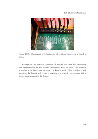 10.6. Hodoscope Simulations
Figure 10.27: Photograph of 8 hodoscope ﬁbre holders secured to a board of
SiPMs.
Results from this test were promising, although it was clear that consistency
and reproducibility of the optical connections were an issue. An example
of results from these tests are shown in Figure 10.28. The experience with
operating the boards and detector modules in a realistic environment led to
further improvements in the design.
219
 
