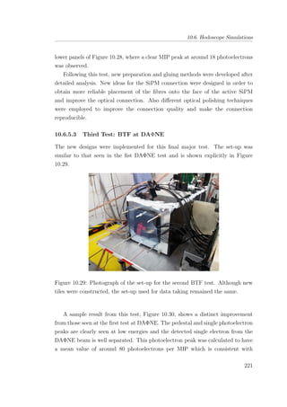 10.6. Hodoscope Simulations
lower panels of Figure 10.28, where a clear MIP peak at around 18 photoelectrons
was observed.
Following this test, new preparation and gluing methods were developed after
detailed analysis. New ideas for the SiPM connection were designed in order to
obtain more reliable placement of the ﬁbres onto the face of the active SiPM
and improve the optical connection. Also diﬀerent optical polishing techniques
were employed to improve the connection quality and make the connection
reproducible.
10.6.5.3 Third Test: BTF at DAΦNE
The new designs were implemented for this ﬁnal major test. The set-up was
similar to that seen in the ﬁst DAΦNE test and is shown explicitly in Figure
10.29.
Figure 10.29: Photograph of the set-up for the second BTF test. Although new
tiles were constructed, the set-up used for data taking remained the same.
A sample result from this test, Figure 10.30, shows a distinct improvement
from those seen at the ﬁrst test at DAΦNE. The pedestal and single photoelectron
peaks are clearly seen at low energies and the detected single electron from the
DAΦNE beam is well separated. This photoelectron peak was calculated to have
a mean value of around 80 photoelectrons per MIP which is consistent with
221
 