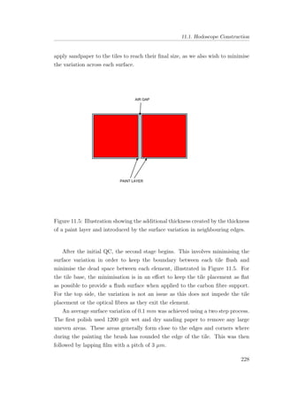 11.1. Hodoscope Construction
apply sandpaper to the tiles to reach their ﬁnal size, as we also wish to minimise
the variation across each surface.
Figure 11.5: Illustration showing the additional thickness created by the thickness
of a paint layer and introduced by the surface variation in neighbouring edges.
After the initial QC, the second stage begins. This involves minimising the
surface variation in order to keep the boundary between each tile ﬂush and
minimise the dead space between each element, illustrated in Figure 11.5. For
the tile base, the minimisation is in an eﬀort to keep the tile placement as ﬂat
as possible to provide a ﬂush surface when applied to the carbon ﬁbre support.
For the top side, the variation is not an issue as this does not impede the tile
placement or the optical ﬁbres as they exit the element.
An average surface variation of 0.1 mm was achieved using a two step process.
The ﬁrst polish used 1200 grit wet and dry sanding paper to remove any large
uneven areas. These areas generally form close to the edges and corners where
during the painting the brush has rounded the edge of the tile. This was then
followed by lapping ﬁlm with a pitch of 3 µm.
228
 