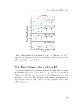 3.1. Current Experimental Knowledge
Figure 3.2: Photon-beam asymmetries for γn → K+
Σ−
(circles) and γp → K+
Σ0
(squares). The solid and dashed curves are the Regge model calculations for the
K+
Σ−
and K+
Σ0
, respectively [58].
3.1.3 Kaon Photoproduction at Jeﬀerson Lab
The ‘g10’ experiment which took place at Jeﬀerson Lab in the 2000s, measured
the diﬀerential cross section of the γD → K+
Σ−
(ps) reaction using the Hall-B
CLAS detector [60]. The experiment used a bremsstrahlung photon beam with
energies 0.8 - 1.6 GeV on a liquid deuterium target, measuring kaons with centre-
of-mass angles between 10 - 140◦
. The data are shown, along with the data from
LEPS in Figure 3.3.
37
 