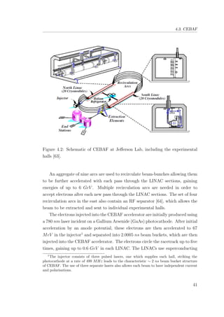 4.3. CEBAF
Figure 4.2: Schematic of CEBAF at Jeﬀerson Lab, including the experimental
halls [63].
An aggregate of nine arcs are used to recirculate beam-bunches allowing them
to be further accelerated with each pass through the LINAC sections, gaining
energies of up to 6 GeV . Multiple recirculation arcs are needed in order to
accept electrons after each new pass through the LINAC sections. The set of four
recirculation arcs in the east also contain an RF separator [64], which allows the
beam to be extracted and sent to individual experimental halls.
The electrons injected into the CEBAF accelerator are initially produced using
a 780 nm laser incident on a Gallium Arsenide (GaAs) photocathode. After initial
acceleration by an anode potential, these electrons are then accelerated to 67
MeV in the injector1
and separated into 2.0005 ns beam buckets, which are then
injected into the CEBAF accelerator. The electrons circle the racetrack up to ﬁve
times, gaining up to 0.6 GeV in each LINAC. The LINACs use superconducting
1
The injector consists of three pulsed lasers, one which supplies each hall, striking the
photocathode at a rate of 499 MHz leads to the characteristic ∼ 2 ns beam bucket structure
of CEBAF. The use of three separate lasers also allows each beam to have independent current
and polarisations.
41
 