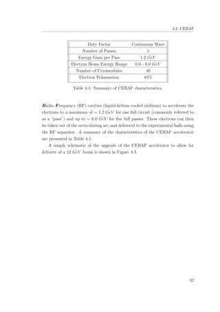 4.3. CEBAF
Duty Factor Continuous Wave
Number of Passes 5
Energy Gain per Pass 1.2 GeV
Electron Beam Energy Range 0.6 - 6.0 GeV
Number of Cryomodules 40
Electron Polarisation 85%
Table 4.1: Summary of CEBAF characteristics.
Radio Frequency (RF) cavities (liquid-helium cooled niobium) to accelerate the
electrons to a maximum of ∼ 1.2 GeV for one full circuit (commonly referred to
as a “pass”) and up to ∼ 6.0 GeV for ﬁve full passes. These electrons can then
be taken out of the recirculating arc and delivered to the experimental halls using
the RF separator. A summary of the characteristics of the CEBAF accelerator
are presented in Table 4.1.
A simple schematic of the upgrade of the CEBAF accelerator to allow for
delivery of a 12 GeV beam is shown in Figure 4.3.
42
 