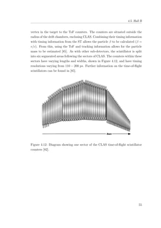 4.5. Hall B
vertex in the target to the ToF counters. The counters are situated outside the
radius of the drift chambers, enclosing CLAS. Combining their timing information
with timing information from the ST allows the particle β to be calculated (β =
v/c). From this, using the ToF and tracking information allows for the particle
mass to be estimated [85]. As with other sub-detectors, the scintillator is split
into six segmented areas following the sectors of CLAS. The counters within these
sectors have varying lengths and widths, shown in Figure 4.12, and have timing
resolutions varying from 110 − 200 ps. Further information on the time-of-ﬂight
scintillators can be found in [85].
Figure 4.12: Diagram showing one sector of the CLAS time-of-ﬂight scintillator
counters [82].
55
 