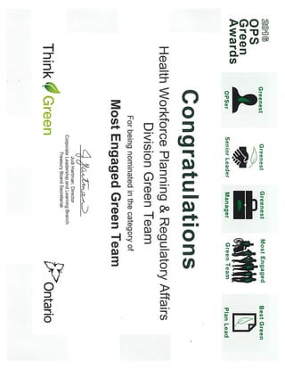 OPS Green Awards certificate