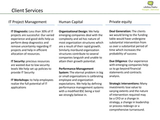 Client Services
IT Project Management
IT Diagnostic: Less than 30% of IT
projects are successful. Our varied
experience and good skills help us
perform deep diagnostics and
remove uncertainty regarding IT
projects and help in efficient
allocation of resources.
IT Security: precious resources
are wasted due to low security
levels We help set up policies to
provide IT Security
IT Workshops: to help employees
realize the full potential of IT
applications
Human Capital
Organizational Design: We help
emerging companies deal with the
complexity and ad hoc nature of
most organization structures which
are a result of their rapid growth.
Similarly moribund organization
structures contribute to several
companies languish and unable to
attain their growth potential.
Performance Management
System: The eternal problem in big
or small organizations is calibrating
employee and organization
expectations. We help by defining
performance management systems
with a modified BSC being a tool
we strongly believe in.
Private equity
Deal Generation: The clients
we would bring to the funding
table would have undergone
substantial intervention from
us over a substantial period of
time which increases the
probability of success
Due Diligence: Our experience
with emerging companies help
us to go beyond financial
statements and contracts
analysis.
Strategic interventions: Many
investments lose value to
varying extents and the nature
of intervention required may
be a CFO or a change in
strategy, a change in leadership
or process redesign or a
comprehensive turnaround.
 
