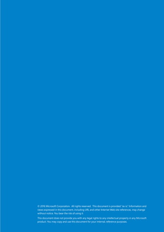© 2016 Microsoft Corporation. All rights reserved. This document is provided “as-is.” Information and
views expressed in this document, including URL and other Internet Web site references, may change
without notice. You bear the risk of using it.
This document does not provide you with any legal rights to any intellectual property in any Microsoft
product. You may copy and use this document for your internal, reference purposes.
 