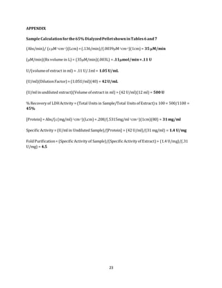 23
APPENDIX
SampleCalculationforthe65% DialyzedPelletshowninTables6and7
(Abs/min)/ (M-1cm-1)(Lcm)=(.136/min)/(.0039M-1cm-1)(1cm) = 35M/min
(M/min)(Rx volume in L)= (35M/min)(.003L) = .11mol/min=.11 U
U/(volumeof extract in ml) = .11 U/.1ml = 1.05U/mL
(U/ml)(DilutionFactor)= (1.05U/ml)(40) = 42U/mL
(U/ml in undiluted extract)(Volume of extract in ml) = (42 U/ml)(12 ml) = 500 U
% Recovery of LDHActivity = (Total Units in Sample/Total Units of Extract) x 100 = 500/1100 =
45%
[Protein] = Abs/((mg/ml)-1cm-1)(Lcm) =.208/(.5315mg/ml-1cm-1)(1cm)(80) = 31mg/ml
Specific Activity = (U/ml in Undiluted Sample)/[Protein] = (42 U/ml)/(31 mg/ml) = 1.4 U/mg
Fold Purification= (Specific Activity of Sample)/(Specific Activity of Extract) = (1.4 U/mg)/(.31
U/mg) = 4.5
 