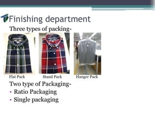 Finishing department
Three types of packing-
Two type of Packaging-
• Ratio Packaging
• Single packaging
Flat Pack Stand Pack Hanger Pack
 