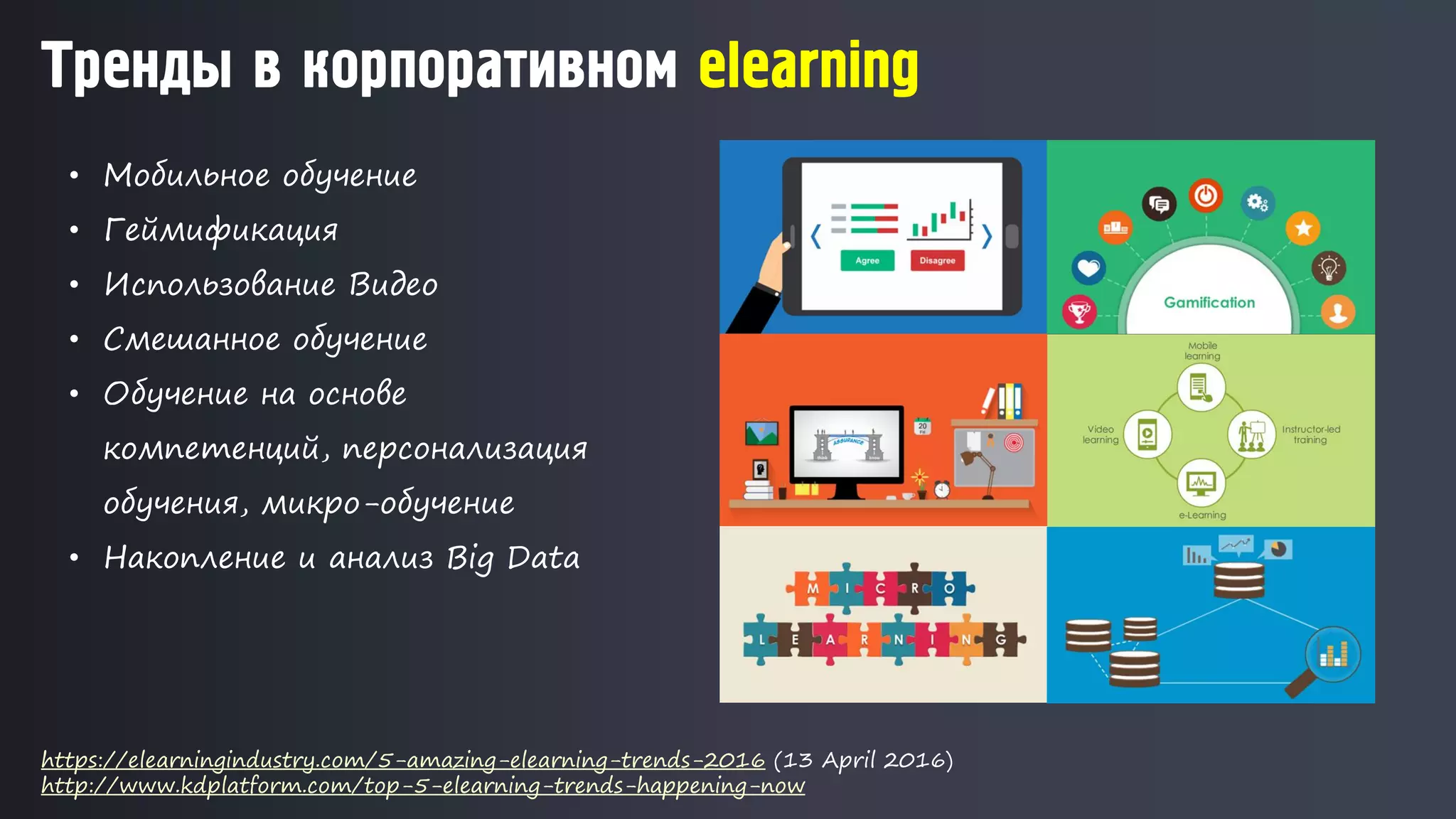• Мобильное обучение
• Геймификация
• Использование Видео
• Смешанное обучение
• Обучение на основе
компетенций, персонализация
обучения, микро-обучение
• Накопление и анализ Big Data
Тренды в корпоративном elearning
https://elearningindustry.com/5-amazing-elearning-trends-2016 (13 April 2016)
http://www.kdplatform.com/top-5-elearning-trends-happening-now
 