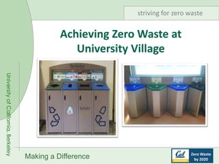 UniversityofCalifornia,Berkeley
Making a Difference Zero Waste
by 2020
striving for zero waste
Achieving Zero Waste at
University Village
 