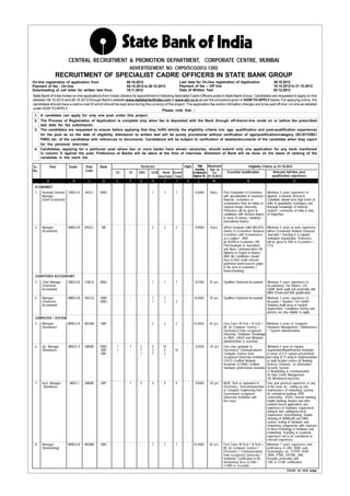 CENTRAL RECRUITMENT & PROMOTION DEPARTMENT, CORPORATE CENTRE, MUMBAI
                                                                  ADVERTISEMENT NO. CRPD/SCO/2012-13/02
                RECRUITMENT OF SPECIALIST CADRE OFFICERS IN STATE BANK GROUP
On-line registration of application from                        08.10.2012                            Last date for On-line registration of Application                         28.10.2012
Payment of fee - On-line                                        08.10.2012 to 28.10.2012              Payment of fee -- Off line                                                10.10.2012 to 31.10.2012
Downloading of call letter for written test from                19.11.2012                            Date of Written Test                                                      02.12.2012
State Bank of India invites on-line applications from Indian citizens for appointment in following Specialist Cadre Officers posts in State Bank Group. Candidates are requested to apply on-line
between 08.10.2012 and 28.10.2012 through Bank’s website www.statebankofindia.com or www.sbi.co.in as per the procedure given in HOW TO APPLY below. For applying online, the
candidates should have a valid e-mail ID which should be kept alive during the currency of the project. The application fee and/or intimation charges are to be paid off-line / on-line as detailed
under HOW TO APPLY.
                                                                                          Please note that :
 1. A candidate can apply for only one post under this project.
 2. The Process of Registration of Application is complete only when fee is deposited with the Bank through off-line/on-line mode on or before the prescribed
     last date for fee submission.
 3. The candidates are requested to ensure before applying that they fulfill strictly the eligibility criteria (viz. age, qualification and post-qualification experience)
     for the post as on the date of eligibility. Admission to written test will be purely provisional without verification of age/qualification/category (SC/ST/OBC/
     PWD) etc. of the candidates with references to documents. Candidature will be subject to verification of details/documents of the candidate when they report
     for the personal interview.
 4. Candidates, applying for a particular post where two or more banks have shown vacancies, should submit only one application for any bank mentioned
     in column D against the post. Preference of Banks will be taken at the time of interview. Allotment of Bank will be done on the basis of ranking of the
     candidate in the merit list.

Sr.          Post         Grade      Post     Bank                        Vacancies                      PWD      Total   Maximum                          Eligibilty Criteria as 01.10.2012
No.                                  Code                                                                       monthly    Age as
                                                         SC       ST    OBC      GEN     Bank Grand            Emolument      on          Essential Qualification               Relevant full-time post
                                                                                       wiseTotal Total         Approx Rs. 01.10.2012                                           qualification experience
         A                   B        C        D         E        F      G       H        I       J       K       L          M                            N                                    O
 ECONOMIST
 1.   Assistant General   SMGS-V     AGEC     SBBJ       -        -       -      1        1       1        -    61600/-    40yrs.      Post Graduation in Economics        Minimum 5 years experience in
      Manager                                                                                                                          with specialization In monetary /   Applied Economic Research.
      (Chief Economist)                                                                                                                financial economics or              Candidate should have high levels of
                                                                                                                                       econometrics from an Indian or      skills in quantitative techniques and
                                                                                                                                       reputed foreign University.         thorough knowledge of financial
                                                                                                                                       Preference will be given to         markets / economies of India & state
                                                                                                                                       candidates with doctoral degree     of Rajasthan.
                                                                                                                                       in areas of money / banking /
                                                                                                                                       international finance.
 2.   Manager             MMGS-III   MGEC     SBI        -        -       -      2        2       2        -    43900/-    35yrs.      (i)Post Graduate (with Min.55%      Minimum 5 years of work experience
      (Economist)                                                                                                                      marks) in Economics/ Business       withas Economist/ Analyst/ Financial
                                                                                                                                       Economics with Econometrics         Journalist / Teaching in a reputed
                                                                                                                                       as a subject AND                    institution/ organization. Preference
                                                                                                                                       (ii) M.Phil in Economics OR         will be given to PhD in Economics /
                                                                                                                                       Post-Graduate in Journalism         CFA.
                                                                                                                                       and Mass Communication OR
                                                                                                                                       Diploma or Degree in finance.
                                                                                                                                       AND (iii) Candidates should
                                                                                                                                       have to their credit relevant
                                                                                                                                       published work/research paper
                                                                                                                                       in the area of economics /
                                                                                                                                       finance/banking.
 CHARTERED ACCOUNTANT
 3.   Chief Manager       SMGS-IV    CMCA    SBBJ        -        -       -      1        1       1        -    52100/-    35 yrs.     Qualified Chartered Accountant      Minimum 5 years experience in
      (Chartered                                                                                                                                                           Accountancy, Tax Matters, US
      Accountant)                                                                                                                                                          GAAP, Bank audit and preferably with
                                                                                                                                                                           MBA (Finance)/ICWA qualification.
 4.   Manager             MMGS-III   MGCA    SBM         -        -       -      1        1                -   43,900/-    30 yrs.     Qualified Chartered Accountant      Minimum 3 years experience in
      (Chartered                             SBBJ        -        -       -      1        1       2                                                                        Accounts / Taxation / US GAAP/
      Accountant)                                                                                                                                                          Statutory Audit areas in reputed
                                                                                                                                                                           organisation. Candidates having own
                                                                                                                                                                           practice are also eligible to apply.
 COMPUTER / SYSTEM
 5.   Manager             MMGS-III   MGHW     SBH        -        -       -      2        2       2        -   43,900/-    40 yrs.     First Class M.Tech / B.Tech / Minimum 5 years in Computer
      (Hardware)                                                                                                                       BE (in Computer Science /           Hardware Management / Maintenance
                                                                                                                                       Electronics) from recognized         / System Administration.
                                                                                                                                       University / Institution. Knowledge
                                                                                                                                       of UNIX, LINUX and Windows
                                                                                                                                       administration is essential.
 6.   Dy Manager          MMGS II    DMHW    SBBJ        1        1      3       5       10                -    33250/-    35 yrs      First class graduate in              Minimum 5 years in reputed
      (Hardware)                             SBH         1        -      1       2        4      16                                    Electronics/ Communications/        organization/Bank/financial institution
                                             SBP         -        -      1       1        2                                            Computer Science from               in areas of i) IT system procurement
                                                                                                                                       recognized University/ Institution. and setup ii) IT projects implementation
                                                                                                                                       CISCO Certified Network             at multi location centres iii) Banking
                                                                                                                                       Associate (CCNA)/ Certified         Delivery Channels iv) Information
                                                                                                                                       Hardware professional desirable. Security System
                                                                                                                                                                           v) Networking & Communication
                                                                                                                                                                           vi) Data Centre Management
                                                                                                                                                                           vii) Windows/Linux/Unix
 7.   Asst. Manager       JMGS I     AMHW     SBP                 1      4       4        9       9        -    25000/-    30 yrs      BE/B. Tech or equivalent in         One year practical experience in any
       (Hardware)                                                                                                                      Electronics, Telecommunication of the areas viz., setting up and
                                                                                                                                       or Computer Engineering from        maintenance of networking systems
                                                                                                                                       Government recognized               for centralized banking. ATM
                                                                                                                                       University/ Institution with        connectivity, VSATs, internet banking,
                                                                                                                                       first class.                        mobile banking, intranet and other
                                                                                                                                                                           network based applications and
                                                                                                                                                                           experience in hardware requirement
                                                                                                                                                                           analysis and cabling/electrical
                                                                                                                                                                           requirement, benchmarking, trouble
                                                                                                                                                                           shooting of WAN/LAN and UNIX
                                                                                                                                                                           system, testing of hardware and
                                                                                                                                                                           networking components with exposure
                                                                                                                                                                           in latest technology in hardware and
                                                                                                                                                                           networking. Teaching or academic
                                                                                                                                                                           experience not to be considered as
                                                                                                                                                                           relevant experience.
 8.   Manager             MMGS-III   MGNW     SBH        -        -       -      1        1       1        -   43,900/-    40 yrs.     First Class M.Tech / B.Tech / Minimum 7 years experience and
      (Networking)                                                                                                                     BE (in Computer Science /           proficiency in LAN, WAN, web
                                                                                                                                       Electronics / Communication) technologies viz. TCP/IP, VOIP,
                                                                                                                                       from recognized University /        JAVA, HTML, DHTML, XML,
                                                                                                                                       Institution. Certification in the   firewalls preferably with
                                                                                                                                       Networking Area (CCNA /              CNE & CCNP certification.
                                                                                                                                       CCNP) is essential.
                                                                                                                                                                                          Contd. to next page
 
