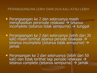 PERANGSANGAN LEBIH DARI DUA KALI ATAU LEBIH Perangsangan ke 2 dan seterusnya masih menghasilkan pereriode relaksasi    tetanus incomplete (tetanus tidak sempurna)    tunggal Perangsangan ke 2 dan seterusnya (lebih dari 30 kali) masih terlihat adanya periode relaksasi    tetanus incomplete (tetanus tidak sempurna)    jamak Peransangan ke 2 dan seterusnya (lebih dari 50 kali) dan tidak terlihat lagi periode relaksasi    tetanus complete (tetanus sempurna)    jamak 