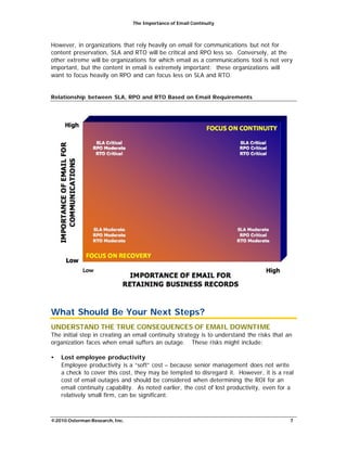 The Importance of Email Continuity
©2010 Osterman Research, Inc. 7
However, in organizations that rely heavily on email for communications but not for
content preservation, SLA and RTO will be critical and RPO less so. Conversely, at the
other extreme will be organizations for which email as a communications tool is not very
important, but the content in email is extremely important: these organizations will
want to focus heavily on RPO and can focus less on SLA and RTO.
Relationship between SLA, RPO and RTO Based on Email Requirements
What Should Be Your Next Steps?
UNDERSTAND THE TRUE CONSEQUENCES OF EMAIL DOWNTIME
The initial step in creating an email continuity strategy is to understand the risks that an
organization faces when email suffers an outage. These risks might include:
• Lost employee productivity
Employee productivity is a “soft” cost – because senior management does not write
a check to cover this cost, they may be tempted to disregard it. However, it is a real
cost of email outages and should be considered when determining the ROI for an
email continuity capability. As noted earlier, the cost of lost productivity, even for a
relatively small firm, can be significant.
 