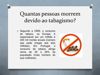 Quantas pessoas morrem
devido ao tabagismo?
O Segundo a OMS, o consumo
de tabaco, na Europa, é
responsável por um milhão e
200 mil mortes anuais (número
que pode chegar aos dois
milhões). Em Portugal, o
consumo de tabaco atinge
cerca de 20 a 26% da
população (mais homens do
que mulheres).
 