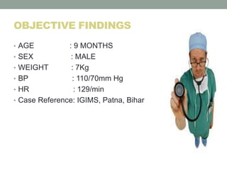 OBJECTIVE FINDINGS
• AGE : 9 MONTHS
• SEX : MALE
• WEIGHT : 7Kg
• BP : 110/70mm Hg
• HR : 129/min
• Case Reference: IGIMS, Patna, Bihar
 
