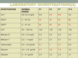 INVESTIGATION NORMAL
RANGE
D1 D3 D7 D14
Ca+2 8.6-10.2 mg/dl 8.8 6.3 6.8 9.2
SGOT 2 – 40 U/L 44 42 44 85
SGPT 2 – 41 U/L 44 40 43 72
ALP 40 – 129 U/L 122 122 122 122
Billrubin D 0.0 – 0.3 mg% 0.3 0.3 0.3 0.3
Billrubin T 0.2 – 1 mg/dl 0.7 0.7 0.7 0.7
Total protein 6.4 – 8.3 gm/dl 5.1 4 4.1 6.4
Albumin 3.4 – 4.8 gm/dl 2.7 2.6 1.8 3.4
Globulin 2 – 4.1 gm/dl 2.4 2.3 2.3 3.1
LABORATORY INVESTIGATIONS(2)
 