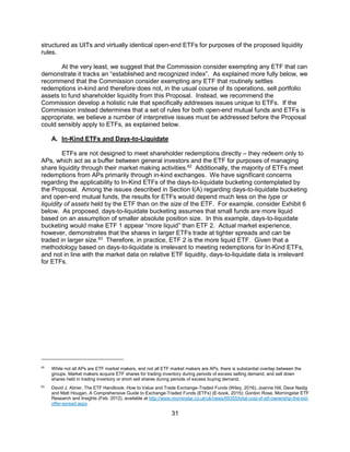31
structured as UITs and virtually identical open-end ETFs for purposes of the proposed liquidity
rules.
At the very least, we suggest that the Commission consider exempting any ETF that can
demonstrate it tracks an “established and recognized index”. As explained more fully below, we
recommend that the Commission consider exempting any ETF that routinely settles
redemptions in-kind and therefore does not, in the usual course of its operations, sell portfolio
assets to fund shareholder liquidity from this Proposal. Instead, we recommend the
Commission develop a holistic rule that specifically addresses issues unique to ETFs. If the
Commission instead determines that a set of rules for both open-end mutual funds and ETFs is
appropriate, we believe a number of interpretive issues must be addressed before the Proposal
could sensibly apply to ETFs, as explained below.
A. In-Kind ETFs and Days-to-Liquidate
ETFs are not designed to meet shareholder redemptions directly – they redeem only to
APs, which act as a buffer between general investors and the ETF for purposes of managing
share liquidity through their market making activities.62
Additionally, the majority of ETFs meet
redemptions from APs primarily through in-kind exchanges. We have significant concerns
regarding the applicability to In-Kind ETFs of the days-to-liquidate bucketing contemplated by
the Proposal. Among the issues described in Section I(A) regarding days-to-liquidate bucketing
and open-end mutual funds, the results for ETFs would depend much less on the type or
liquidity of assets held by the ETF than on the size of the ETF. For example, consider Exhibit 6
below. As proposed, days-to-liquidate bucketing assumes that small funds are more liquid
based on an assumption of smaller absolute position size. In this example, days-to-liquidate
bucketing would make ETF 1 appear “more liquid” than ETF 2. Actual market experience,
however, demonstrates that the shares in larger ETFs trade at tighter spreads and can be
traded in larger size.63
Therefore, in practice, ETF 2 is the more liquid ETF. Given that a
methodology based on days-to-liquidate is irrelevant to meeting redemptions for In-Kind ETFs,
and not in line with the market data on relative ETF liquidity, days-to-liquidate data is irrelevant
for ETFs.
62
While not all APs are ETF market makers, and not all ETF market makers are APs, there is substantial overlap between the
groups. Market makers acquire ETF shares for trading inventory during periods of excess selling demand, and sell down
shares held in trading inventory or short sell shares during periods of excess buying demand.
63
David J. Abner, The ETF Handbook: How to Value and Trade Exchange-Traded Funds (Wiley, 2016); Joanne Hill, Dave Nadig
and Matt Hougan, A Comprehensive Guide to Exchange-Traded Funds (ETFs) (E-book, 2015); Gordon Rose, Morningstar ETF
Research and Insights (Feb. 2012), available at http://www.morninstar.co.uk/uk/news/69355/total-cost-of-etf-ownership-the-bid-
offer-spread.aspx.
 