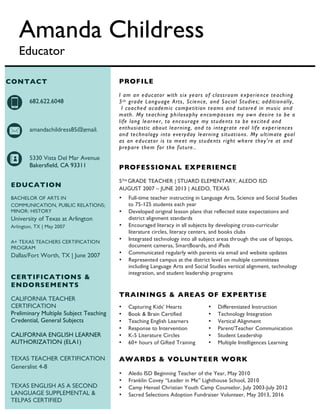 PROFILE
I am an educator with six years of classroom experience teaching
5th grade Language Arts, Science, and Social Studies; additionally,
I coached academic competition teams and tutored in music and
math. My teaching philosophy encompasses my own desire to be a
life long learner, to encourage my students to be excited and
enthusiastic about learning, and to integrate real life experiences
and technology into everyday learning situations. My ultimate goal
as an educator is to meet my students right where they're at and
prepare them for the future..
PROFESSIONAL EXPERIENCE
5TH GRADE TEACHER | STUARD ELEMENTARY, ALEDO ISD
AUGUST 2007 – JUNE 2013 | ALEDO, TEXAS
• Full-time teacher instructing in Language Arts, Science and Social Studies
to 75-125 students each year
• Developed original lesson plans that reflected state expectations and
district alignment standards
• Encouraged literacy in all subjects by developing cross-curricular
literature circles, literacy centers, and books clubs
• Integrated technology into all subject areas through the use of laptops,
document cameras, SmartBoards, and iPads
• Communicated regularly with parents via email and website updates
• Represented campus at the district level on multiple committees
including Language Arts and Social Studies vertical alignment, technology
integration, and student leadership programs
TRAININGS & AREAS OF EXPERTISE
AWARDS & VOLUNTEER WORK
• Aledo ISD Beginning Teacher of the Year, May 2010
• Franklin Covey “Leader in Me” Lighthouse School, 2010
• Camp Hensel Christian Youth Camp Counselor, July 2003-July 2012
• Sacred Selections Adoption Fundraiser Volunteer, May 2013, 2016
EDUCATION
BACHELOR OF ARTS IN
COMMUNICATION, PUBLIC RELATIONS;
MINOR: HISTORY
University of Texas at Arlington
Arlington, TX | May 2007
A+ TEXAS TEACHERS CERTIFICATION
PROGRAM
Dallas/Fort Worth, TX | June 2007
CERTIFICATIONS &
ENDORSEMENTS
CALIFORNIA TEACHER
CERTIFICATION
Preliminary Multiple Subject Teaching
Credential, General Subjects
CALIFORNIA ENGLISH LEARNER
AUTHORIZATION (ELA1)
TEXAS TEACHER CERTIFICATION
Generalist 4-8
	
TEXAS ENGLISH AS A SECOND
LANGUAGE SUPPLEMENTAL &
TELPAS CERTIFIED
Amanda Childress
Educator
CONTACT
682.622.6048
amandachildress85@gmail.
com
5330 Vista Del Mar Avenue
Bakersfield, CA 93311
• Capturing Kids’ Hearts
• Book & Brain Certified
• Teaching English Learners
• Response to Intervention
• K-5 Literature Circles
• 60+ hours of Gifted Training
	
• Differentiated Instruction
• Technology Integration
• Vertical Alignment
• Parent/Teacher Communication
• Student Leadership
• Multiple Intelligences Learning
	
 