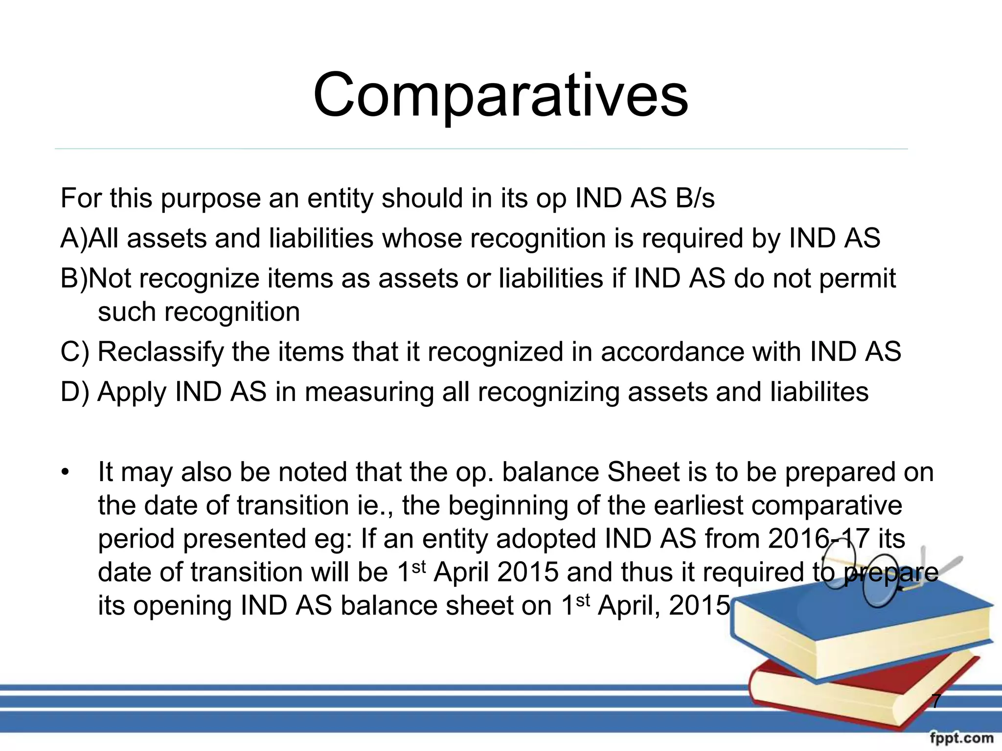 Comparatives
For this purpose an entity should in its op IND AS B/s
A)All assets and liabilities whose recognition is required by IND AS
B)Not recognize items as assets or liabilities if IND AS do not permit
such recognition
C) Reclassify the items that it recognized in accordance with IND AS
D) Apply IND AS in measuring all recognizing assets and liabilites
• It may also be noted that the op. balance Sheet is to be prepared on
the date of transition ie., the beginning of the earliest comparative
period presented eg: If an entity adopted IND AS from 2016-17 its
date of transition will be 1st April 2015 and thus it required to prepare
its opening IND AS balance sheet on 1st April, 2015
7
 