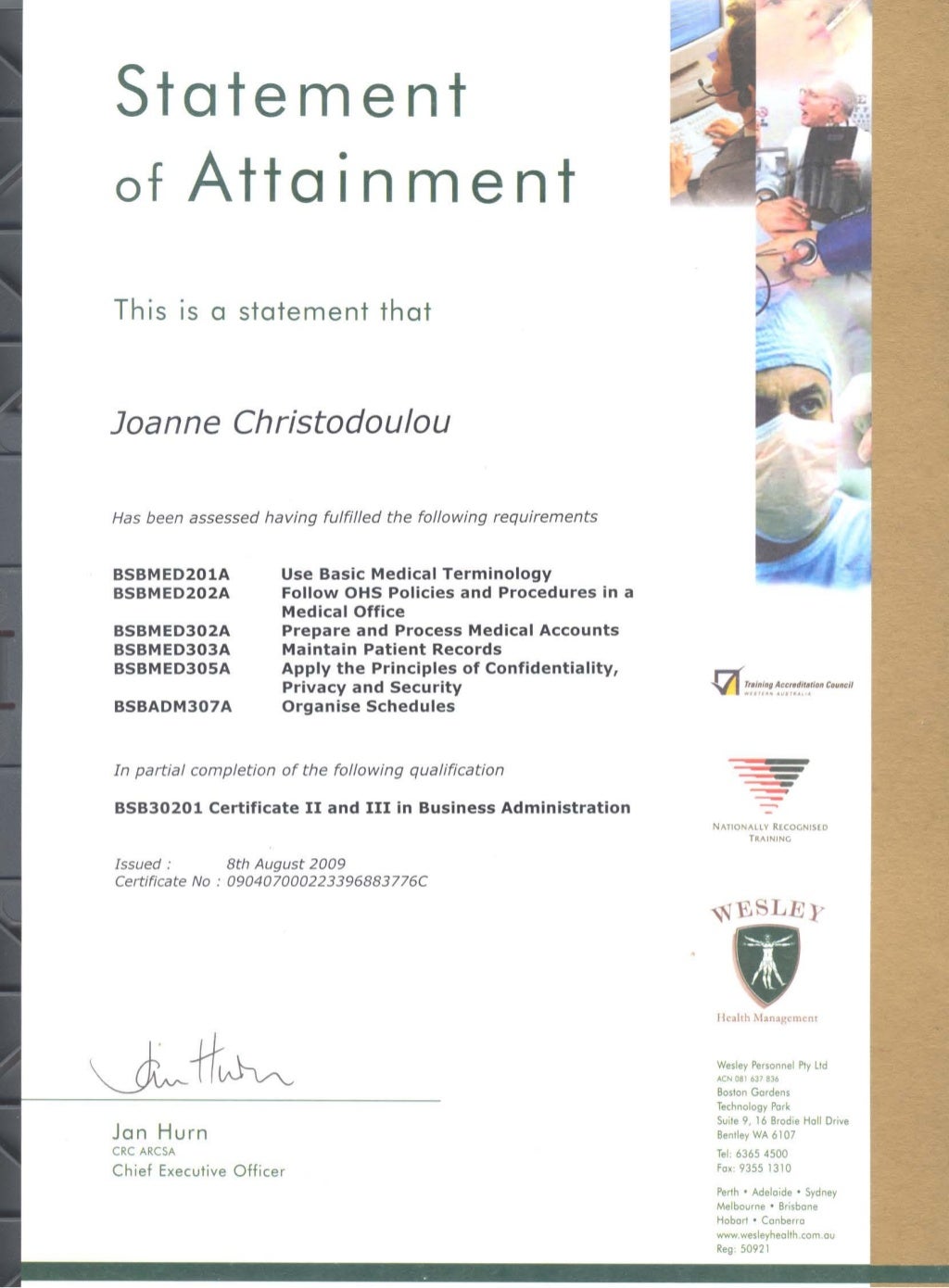 Medical Reception Certificate