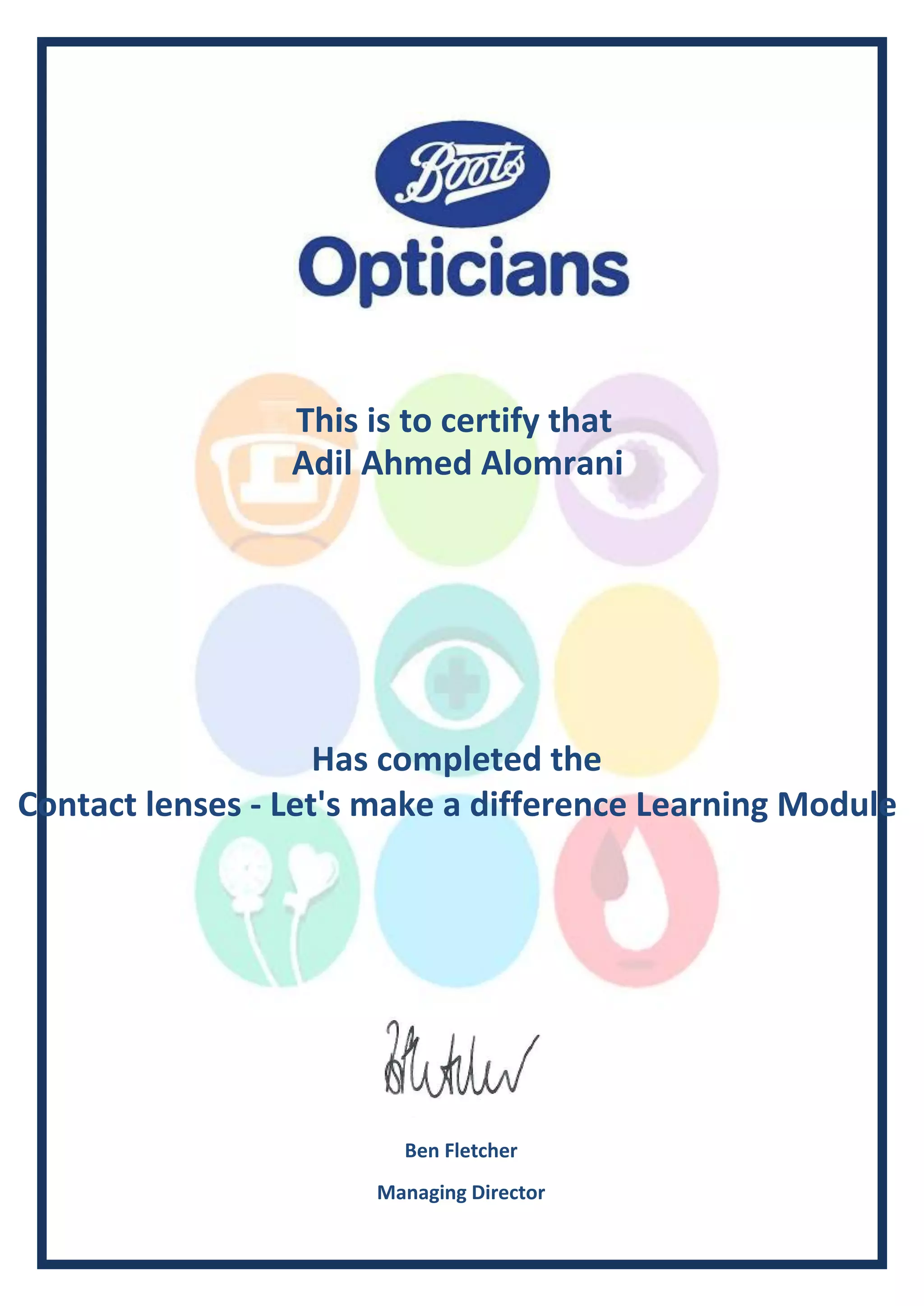 Boots Contact lenses Let's make a difference Learning Module Certificate PDF