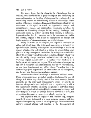 168 Built to Thrive
The above figure, directly related to the effect change has on
industry, looks at the drivers of pace and impact. The relationship of
pace and impact on our handling of change and the resultant effect on
the industry requires an understanding of each of the concepts in the
context of business operations. Pace, describing the rate of activity or
movement, is the speed at which an organization accepts and
conceptualizes change. An organization continually devoting its
resources to discovering changes in the industry, landscape, and
ecosystem around it, and not ignoring these changes, is fast-paced.
Impact describes the effect an action has. In the business sense, and in
this context, impact is the effect the recognition of change and
implementation of subsequent actions has on the industry.
Along the x-axis of the diagram, see impact as the result of
either individual focus (the individual, company, or industry) or
systemic focus (relating to ecosystem understanding). A focus on
impact affecting the individual is a failure to acknowledge your
place in a larger ecosystem. Individual focus negates an effective
ability to envisage yourself as part of something bigger, where you
are affected by change elsewhere, and others are affected by you.
Viewing impact systemically is to realize your position in a
landscape of interconnected players. This realization allows you to
see how a change in a different industry may affect your industry,
or how your development may affect others. To realize this is to
acknowledge your dependence on other actors in the ecosystem,
and the way you develop may evolve as a result.
Industries are affected by change as a result of pace and impact.
If our actions encompass a mindset unwilling to change, the pace of
change will occur very slowly, and if that same mindset focuses
primarily on the individual organization’s sphere of activity in
isolation, change (or lack thereof) will create a cognitive trap in which
the organization operates. Operating in spheres of individual focus
may fool an organization into thinking it does not need to change, and
since the pace at which the change that does happen is so slow, the
recognition of the need to change is even harder to come by.
The cognitive trap, an aspect of the situation trap, hampers
growth. If impact is focused in a more systemic manner, with the
organization operating within a known paradigm of interconnected
activity, gradual change will manifest in the development of
 