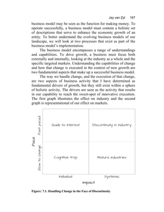 Jay van Zyl 167
business model may be seen as the function for making money. To
operate successfully, a business model must contain a holistic set
of descriptions that serve to enhance the economic growth of an
entity. To better understand the evolving business models of our
landscape, we will look at two processes that exist as part of the
business model’s implementation.
The business model encompasses a range of understandings
and capabilities. To drive growth, a business must focus both
externally and internally, looking at the industry as a whole and the
specific targeted markets. Understanding the capabilities of change
and how that change is executed in the context of new growth are
two fundamental aspects that make up a successful business model.
The way we handle change, and the execution of that change,
are two aspects of business activity that I have determined as
fundamental drivers of growth, but they still exist within a sphere
of holistic activity. The drivers are seen as the activity that results
in our capability to reach the sweet-spot of innovative execution.
The first graph illustrates the effect on industry and the second
graph is representational of our effect on markets.
Figure: 7.1. Handling Change in the Face of Discontinuity
 