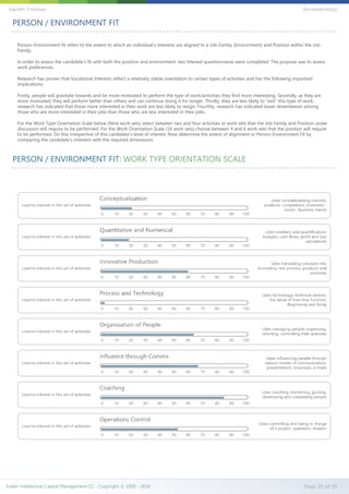 PERSON / ENVIRONMENT FIT
Person–Environment fit refers to the extent to which an individual's interests are aligned to a Job-Family (Environment) and Position within the Job-
Family.
In order to assess the candidate's fit with both the position and environment, two Interest questionnaires were completed. The purpose was to assess
work preferences.
Research has proven that Vocational Interests reflect a relatively stable orientation to certain types of activities and has the following important
implications:
Firstly, people will gravitate towards and be more motivated to perform the type of work/activities they find more interesting. Secondly, as they are
more motivated, they will perform better than others and can continue doing it for longer. Thirdly, they are less likely to "exit" this type of work;
research has indicated that those more interested in their work are less likely to resign. Fourthly, research has indicated lower absenteeism among
those who are more interested in their jobs than those who are less interested in their jobs.
For the Work Type Orientation Scale below (Nine work sets) select between two and four activities or work sets that the Job Family and Position under
discussion will require to be performed. For the Work Orientation Scale (16 work sets) choose between 4 and 6 work sets that the position will require
to be performed. Do this irrespective of this candidate's level of interest. Now determine the extent of alignment or Person-Environment Fit by
comparing the candidate's interests with the required dimensions.
PERSON / ENVIRONMENT FIT: WORK TYPE ORIENTATION SCALE
Evalex Intellectual Capital Management CC - Copyright © 2000 - 2016 Page 35 of 39
Gareth Trotman EvLeadership2
 