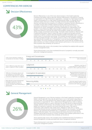 COMPETENCIES PER EXERCISE
Decision Effectiveness
Decision Effectiveness is one of the most critical situations in the EvaleX Leadership
Framework that leaders need to deal with. Decision-effectiveness is the bedrock in moving
an organisation to a High Performance organisation, a manager to a High Impact Corporate
Leader a businessperson to a High Impact Entrepreneurial Leader. In corporate life as in
individual careers, there are a number of strategic decisions that materially effect the
direction and determine the prosperity of a company or individual. Decision effectiveness is
a complex concept where multiple cognitive processes need to synchronize in a
harmonious orchestration to produce decisions that will stand the test of time. Four
dimensions are critical: Investigation and Analysis (developing an understanding of the
problem / issue), Reasoning ability (reducing data to logical conclusions), Judgement
(fashioning solutions in line with the reality of the problem), Energy and concentration
(ability to apply concentrated mental energy). The leader needs to exhibit an effective style
in gathering information, needs to reduce the data to a logical and factually anchored
conclusion, to fashion a solution that will anticipate multiple eventualities and in so doing
exhibit a level of concentration and energy. The candidate was presented with a problem
and had to progress through a “four phase” process to solve it. The candidate’s behaviour
was observed and translated into a “Competence” score and benchmarked against 7,000
other leaders. The scores achieved will indicate the level of work that the candidate will be
able to function at. A direct correlation exists between performance in this exercise and the
level of position that somebody can function at.
Those achieving high scores in this simulation have manifested the analytical skills required
at senior management levels.
Those achieving lower scores have manifested the level of competence normally associated
with junior management positions.
43%
General Management
General Management is one of the key situations in the EvaleX Leadership Framework that
leaders need to deal with. Every day we spend hours in our e-mail system responding to
incoming mails. This is the epicentre from where the leader manages the total function or
process s/he is responsible for. This is called General Management as it refers to dealing
with all the general issues on a day-to-day basis, but also the vehicle for determining the
strategic direction of the function. The simulation consists of 10 e-mails. In this situation,
leaders are required to respond to the issues entering their space. They need to
Understand, make Judgment calls, Initiate action, Delegate to staff, and in so doing
demonstrate Business acumen, Emotional maturity, Creativity and innovation. The leader’s
behaviour was observed and translated into a “Competence” score and benchmarked
against 7,000 other leaders. The scores achieved will indicate the level of work that the
candidate will be able to function at. A direct correlation exists between performance in this
exercise and the level of position that somebody can function at.
Those achieving high scores in this simulation have manifested the level of competence in
General Management normally associated with senior management positions.
Those achieving lower scores have manifested the level of competence normally associated
I with junior management positions.
26%
Evalex Intellectual Capital Management CC - Copyright © 2000 - 2016 Page 6 of 39
Gareth Trotman EvLeadership2
 