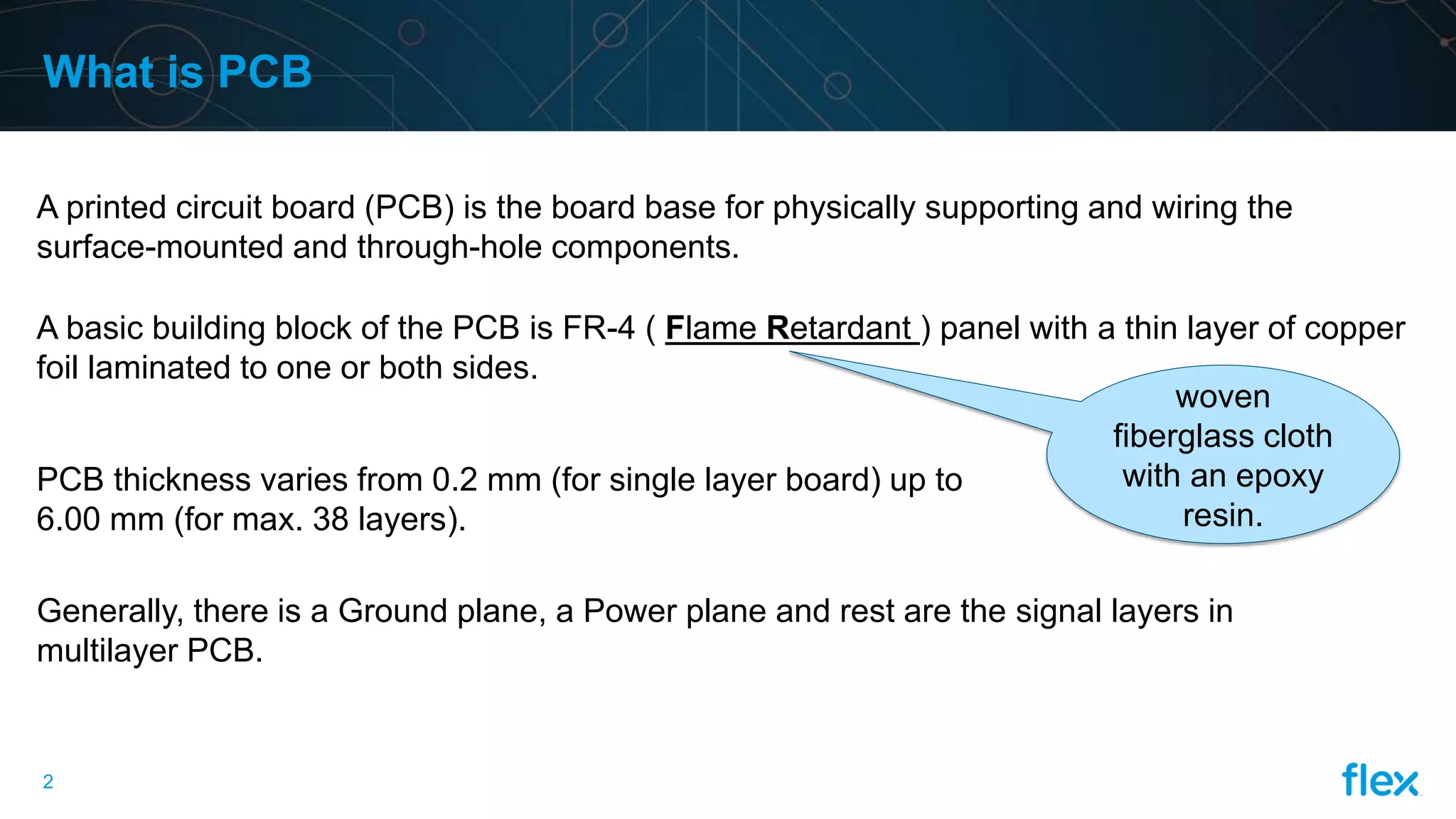 2
What is PCB
A printed circuit board (PCB) is the board base for physically supporting and wiring the
surface-mounted and through-hole components.
woven
fiberglass cloth
with an epoxy
resin.
A basic building block of the PCB is FR-4 ( Flame Retardant ) panel with a thin layer of copper
foil laminated to one or both sides.
PCB thickness varies from 0.2 mm (for single layer board) up to
6.00 mm (for max. 38 layers).
Generally, there is a Ground plane, a Power plane and rest are the signal layers in
multilayer PCB.
 