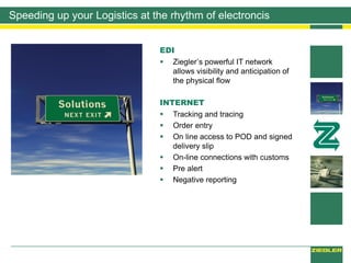 Speeding up your Logistics at the rhythm of electroncis
EDI
 Ziegler’s powerful IT network
allows visibility and anticipation of
the physical flow
INTERNET
 Tracking and tracing
 Order entry
 On line access to POD and signed
delivery slip
 On-line connections with customs
 Pre alert
 Negative reporting
 