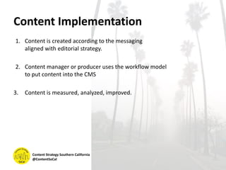 Content Implementation
Content Strategy Southern California
@ContentSoCal
1. Content is created according to the messaging
aligned with editorial strategy.
2. Content manager or producer uses the workflow model
to put content into the CMS
3. Content is measured, analyzed, improved.
 