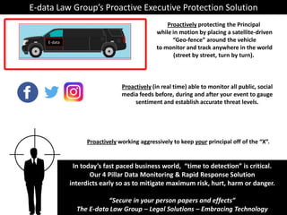 Proactively protecting the Principal
while in motion by placing a satellite-driven
“Geo-fence” around the vehicle
to monitor and track anywhere in the world
(street by street, turn by turn).
Proactively (in real time) able to monitor all public, social
media feeds before, during and after your event to gauge
sentiment and establish accurate threat levels.
Proactively working aggressively to keep your principal off of the “X”.
E-data Law Group’s Proactive Executive Protection Solution
E-data
In today’s fast paced business world, “time to detection” is critical.
Our 4 Pillar Data Monitoring & Rapid Response Solution
interdicts early so as to mitigate maximum risk, hurt, harm or danger.
“Secure in your person papers and effects”
The E-data Law Group – Legal Solutions – Embracing Technology
 