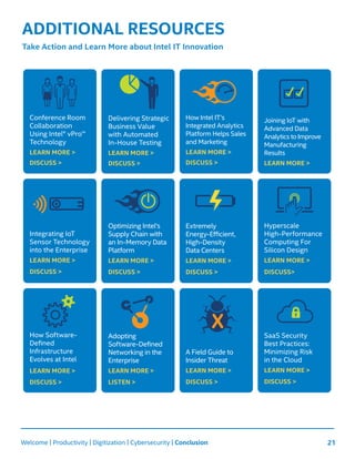 21
Conference Room
Collaboration
Using Intel® vPro™
Technology
LEARN MORE >
DISCUSS >
Delivering Strategic
Business Value
with Automated
In-House Testing
LEARN MORE >
DISCUSS >
Integrating IoT
Sensor Technology
into the Enterprise
LEARN MORE >
DISCUSS >
How Intel IT’s
Integrated Analytics
Platform Helps Sales
and Marketing
LEARN MORE >
DISCUSS >
Optimizing Intel’s
Supply Chain with
an In-Memory Data
Platform
LEARN MORE >
DISCUSS >
Extremely
Energy-Efficient,
High-Density
Data Centers
LEARN MORE >
DISCUSS >
Joining IoT with
Advanced Data
Analytics to Improve
Manufacturing
Results
LEARN MORE >
ADDITIONAL RESOURCES
Take Action and Learn More about Intel IT Innovation
Welcome | Productivity | Digitization | Cybersecurity | Conclusion
Hyperscale
High-Performance
Computing For
Silicon Design
LEARN MORE >
DISCUSS>
How Software-
Defined
Infrastructure
Evolves at Intel
LEARN MORE >
DISCUSS >
A Field Guide to
Insider Threat
LEARN MORE >
DISCUSS >
SaaS Security
Best Practices:
Minimizing Risk
in the Cloud
LEARN MORE >
DISCUSS >
Adopting
Software-Defined
Networking in the
Enterprise
LEARN MORE >
LISTEN >
X
 