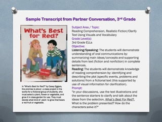 Sample Transcript from Partner Conversation, 3rd Grade
Subject Area / Topic:
Reading Comprehension, Realistic Fiction/Clarify
Text Using Visuals and Vocabulary
Grade Level(s):
3rd Grade ELLs
Objective:
Listening/Speaking: The students will demonstrate
understanding of oral communications by:
summarizing main ideas/concepts and supporting
details from text (fiction and nonfiction) in complete
sentences.
Reading: The students will demonstrate knowledge
of reading comprehension by: identifying and
describing the plot (specific events, problems and
solutions) from a fictional text (this supported by
use of visual information for clarification).
Prompt:
"In your discussions, use the text illustrations and
the sentence starters to clarify and talk about the
ideas from the selection, What’s Best For Red?.
What is the problem presented? How do the
characters solve it?"
In "What's Best for Red?" by Casey Eggars,
the premise is about a class project in the
works for a fictional group of students, who
must select a plant, flower or vegetable, and
grow it in class garden for use. They must
decide what kind of plant to grow that bears
a red fruit or vegetable.
 