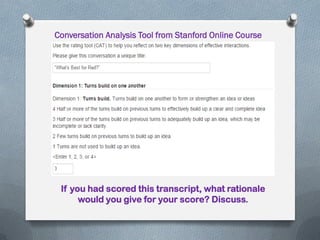 Conversation Analysis Tool from Stanford Online Course
If you had scored this transcript, what rationale
would you give for your score? Discuss.
 
