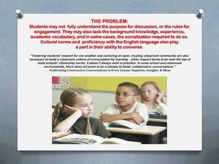 THE PROBLEM:
Students may not fully understand the purpose for discussion, or the rules for
engagement. They may also lack the background knowledge, experience,
academic vocabulary, and in some cases, the socialization required to do so.
Cultural norms and proficiency with the English language also play
a part in their ability to converse.
“Fostering students’ respect for one another and nurturing an open, trusting classroom community are also
necessary to build a classroom culture of conversation for learning…while respect tends to be near the top of
most schools’ citizenship norms, it doesn’t always exist in practice. In some school and classroom
environments, there does not seem to be a climate to foster collaborative conversations.”
~Cultivating Constructive Conversations in Every Lesson: Inquiries, Insights, & Ideas
 
