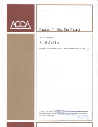 Passed Finalist Certificate