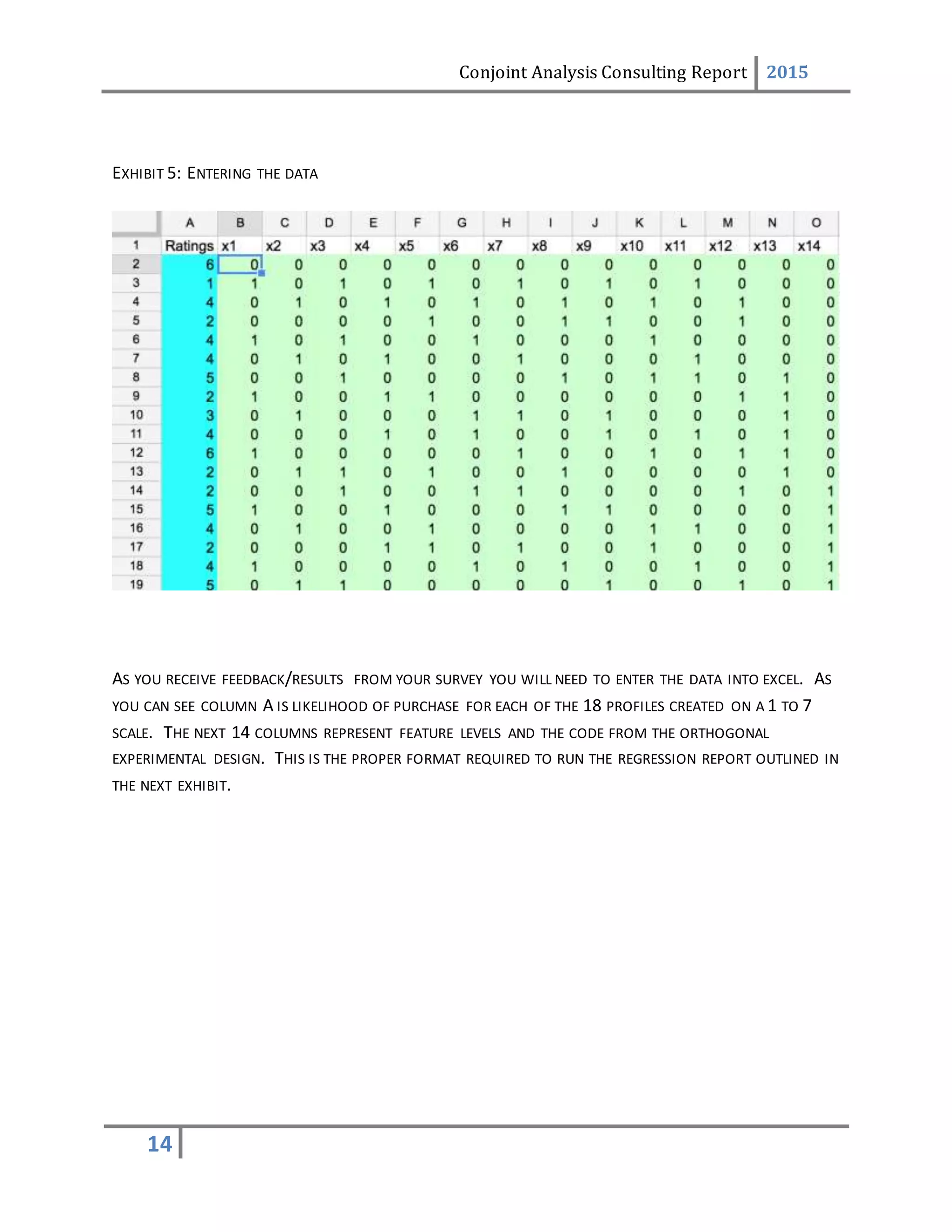 Conjoint Analysis Consulting Report 2015
14
EXHIBIT 5: ENTERING THE DATA
AS YOU RECEIVE FEEDBACK/RESULTS FROM YOUR SURVEY YOU WILL NEED TO ENTER THE DATA INTO EXCEL. AS
YOU CAN SEE COLUMN A IS LIKELIHOOD OF PURCHASE FOR EACH OF THE 18 PROFILES CREATED ON A 1 TO 7
SCALE. THE NEXT 14 COLUMNS REPRESENT FEATURE LEVELS AND THE CODE FROM THE ORTHOGONAL
EXPERIMENTAL DESIGN. THIS IS THE PROPER FORMAT REQUIRED TO RUN THE REGRESSION REPORT OUTLINED IN
THE NEXT EXHIBIT.
 