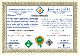 FREDERICK ESCOSAR FUENTESPINA
Civil Engineer Degree
This certification is valid until: 11 Jumada II 1439
237996
 