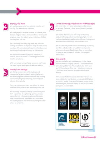 10 Great Reasons 03
7
The Way We Work
We want everyone in the firm to thrive, from the very
first day they walk through the doors.
We want people to seize the initiative, be creative, push
forward and grow with us. Our vision for our employees is
simple, to make their job at Hymans Robertson the best
that they have ever had.
We’ll encourage you every step of the way. You’ll be
working on behalf of an impressive range of clients across
countless different industries, influencing their businesses
decisions and making a real impact on their success.
We offer both trustee and corporate consultancy
services, and we’re also the UK’s leading public sector
benefits consultancy.
With such a huge variety of areas to work in, you’ll have
the space to grow your career the way you want to.
Intellectual Challenge
We offer an environment rich in challenge and
opportunity. We are constantly pushing the barriers
and developing new client solutions that offer exciting
opportunities for personal learning and team based
solution driven activity.
Ours is an environment where you will not be pigeon
holed into filling a narrow and repetitively driven role.
We encourage people to challenge constructively and
think expansively. By capitalising upon our peoples’
passion for their individual disciplines and desire to
break through existing boundaries, we can enhance
our capacity to excel and deliver outstanding value and
service to our clients.
Latest Technology, Processes and Methodologies
We invest in the very latest technologies and processes
to facilitate the delivery of our ground-breaking business
solutions.
We employ the most up to date range of Microsoft
product technology solutions and employ Agile / Scrum
methodologies adopting a Behavioural Driven Development
approach to software design and implementation.
We are constantly on the lookout for new ways of working
and this is reflected in the forward thinking manner in
which we embrace and apply state of the art technology
to underpin and enhance our business efficiency and
effectiveness.
Our Awards
We were thrilled to win three awards in 2015 at the UK
Pensions Awards, scooping Actuarial / Employee Benefits
Consultancy of the Year, Fiduciary Evaluator of the year
and DC Consultancy of the year. We also won Actuarial
Consultant at the Pensions and Investment Provider
Awards.
We have seen further success at the end of February we
were delighted to learn that we were awarded 48th place
in the 2015 Sunday Times Best Companies to work for list,
maintaining our position in the top 50 and our 1 Star Best
Companies award for 2016.
5
4 6
 