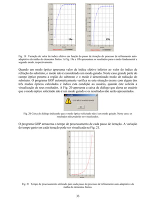 26
 2So}HV SDUD 9LVXDOL]DomR *UiILFD GH 5HVXOWDGRV
No programa GOP, as opções para apresentação de resultados estão agrupadas em uma
região, delimitada por uma caixa de cor vermelha, que recebeu o nome 5HVXOWDGRV. A Fig. 9
apresenta detalhes dos elementos de interface associados à apresentação de resultados.
Fig. 9 Campos para definição das opções para apresentação de resultados no programa GOP.
1~PHUR GH (OHPHQWRV *HUDGRV Após a análise, o aplicativo apresenta o número
total de elementos finitos gerados durante o processo de refinamento auto-adaptativo.
7HPSR GH ([HFXomR Este campo apresenta o tempo total de simulação do guia
planar. O intervalo de tempo é apresentado em segundos (s).
1~PHUR GH ,WHUDo}HV Este campo apresenta o número total de iterações do processo
auto-adaptativo utilizado para a simulação das características modais do guia óptico planar,
satisfazendo o critério de precisão adotado (estabilização dos valores de índice efetivo até a
sétima casa decimal).
12
13
14
16
22
15
17
18
19
20
21
12
13
14
 