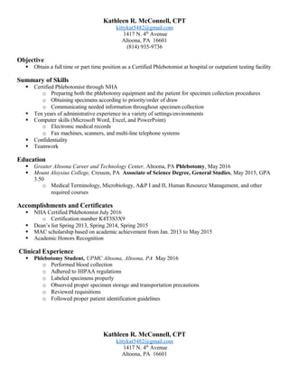 Kathyresume Phlebotomy PDF - Kathyresume Phlebotomy 1 320