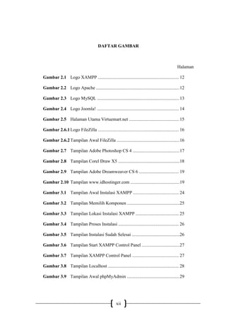 xii
DAFTAR GAMBAR
Halaman
Gambar 2.1 Logo XAMPP ....................................................................... 12
Gambar 2.2 Logo Apache .........................................................................12
Gambar 2.3 Logo MySQL ........................................................................13
Gambar 2.4 Logo Joomla! ........................................................................ 14
Gambar 2.5 Halaman Utama Virtuemart.net ............................................15
Gambar 2.6.1 Logo FileZilla ....................................................................... 16
Gambar 2.6.2Tampilan Awal FileZilla .......................................................16
Gambar 2.7 Tampilan Adobe Photoshop CS 4 .........................................17
Gambar 2.8 Tampilan Corel Draw X5 ......................................................18
Gambar 2.9 Tampilan Adobe Dreamweaver CS 6 ................................... 19
Gambar 2.10 Tampilan www.idhostinger.com ...........................................19
Gambar 3.1 Tampilan Awal Instalasi XAMPP ........................................ 24
Gambar 3.2 Tampilan Memilih Komponen ..............................................25
Gambar 3.3 Tampilan Lokasi Instalasi XAMPP ...................................... 25
Gambar 3.4 Tampilan Proses Instalasi ..................................................... 26
Gambar 3.5 Tampilan Instalasi Sudah Selesai ..........................................26
Gambar 3.6 Tampilan Start XAMPP Control Panel .................................27
Gambar 3.7 Tampilan XAMPP Control Panel ......................................... 27
Gambar 3.8 Tampilan Localhost .............................................................. 28
Gambar 3.9 Tampilan Awal phpMyAdmin ..............................................29
 