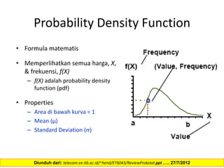 Probability Density Function
• Formula matematis
• Memperlihatkan semua harga, X,
& frekuensi, f(X)
– f(X) adalah probability density
function (pdf)
• Properties
– Area di bawah kurva = 1
– Mean (µ)
– Standard Deviation ()
Diunduh dari: telecom.ee.itb.ac.id/~hend/ET6043/ReviewProbstat.ppt ….. 27/7/2012
 