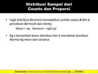 • Ingat distribusi Binomial memodelkan jumlah sukses X dlm n
percobaan Bernoulli dan memp.
Mean = np, Variance = np(1-p)
• Dg n bertambah besar distribusi dari X mendekati distribusi
Normal dg mean dan variance
Diunduh dari: telecom.ee.itb.ac.id/~hend/ET6043/ReviewProbstat.ppt ….. 27/7/2012
Distribusi Sampel dari
Counts dan Proporsi
 