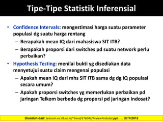 Tipe-Tipe Statistik Inferensial
• Confidence Intervals: mengestimasi harga suatu parameter
populasi dg suatu harga rentang
– Berapakah mean IQ dari mahasiswa SIT ITB?
– Berapakah proporsi dari switches pd suatu network perlu
perbaikan?
• Hypothesis Testing: menilai bukti yg disediakan data
menyetujui suatu claim mengenai populasi
– Apakah mean IQ dari mhs SIT ITB sama dg dg IQ populasi
secara umum?
– Apakah proporsi switches yg memerlukan perbaikan pd
jaringan Telkom berbeda dg proporsi pd jaringan Indosat?
Diunduh dari: telecom.ee.itb.ac.id/~hend/ET6043/ReviewProbstat.ppt ….. 27/7/2012
 